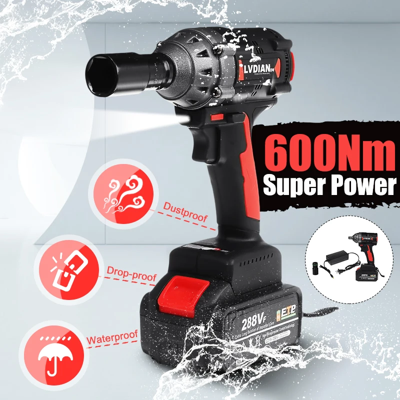  288VF 600N.M High Torque Brushless Cordless Impact Electric Wrench Li ion Battery Home Car/SUV Whee