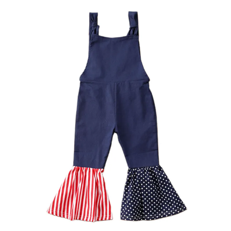

Independence Day Jumpsuit For Girls 1-6Y Summer Infant Kids Girls Overalls Pants Striped Print Sleeveless Denim Blue Jumpsuits