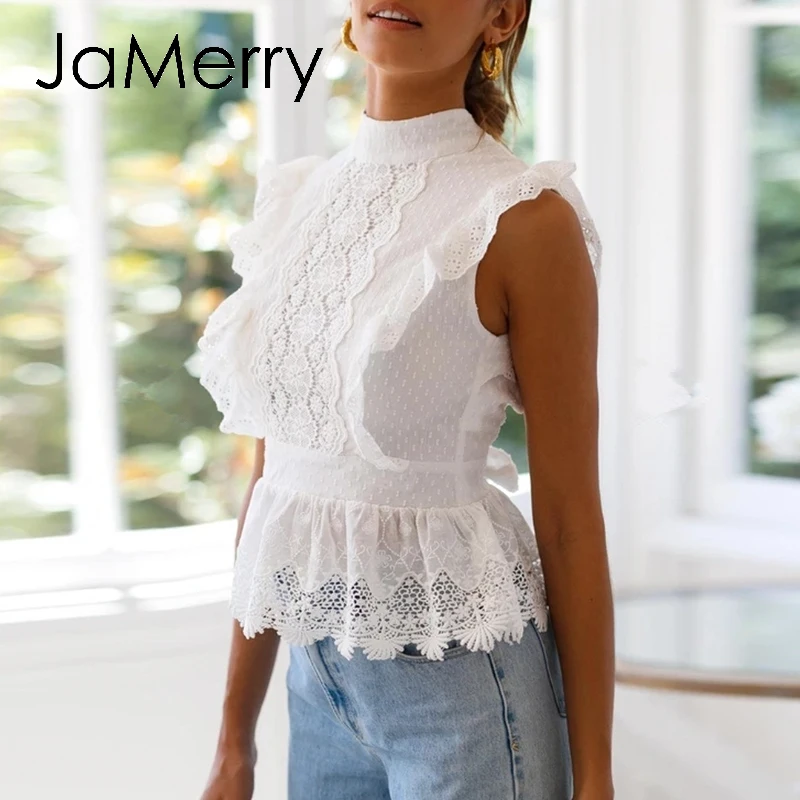 JaMerry Backless lace embroidery women white tank tops Ruffled hollow out peplum tops female summer style Streetwear ladies tops - 4.00052E+12