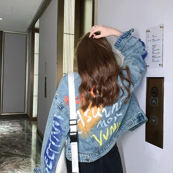 

Women's Jeans Jacket BF Graffitil Letter Tide Spring 2020 New Coat Female Denim Jacket Coat Black/Blue Jean Coat Short Paragraph