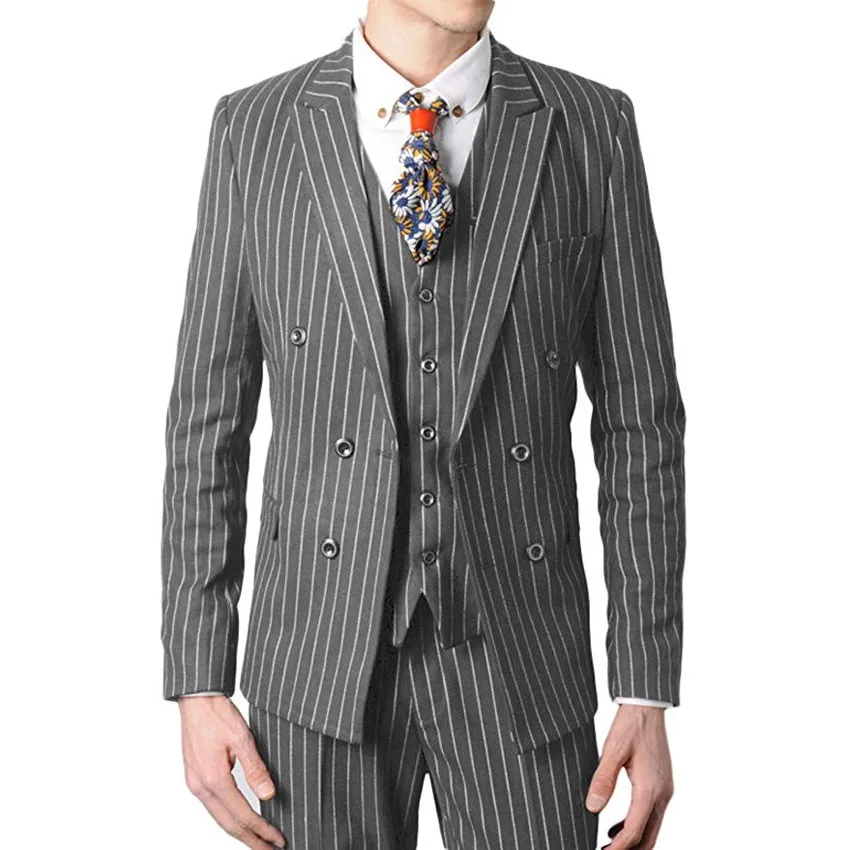 Double Breasted Groomsmen Black/Grey/Navy with White Stripes Groom Tuxedos Peak Lapel Men Suits ( Jacket+Pants+Vest+Tie ) C814 Double Breasted Groomsmen Black/Grey/Navy with White Stripes Groom Tuxedos Peak Lapel Men Suits ( Jacket+Pants+Vest+Tie ) C814