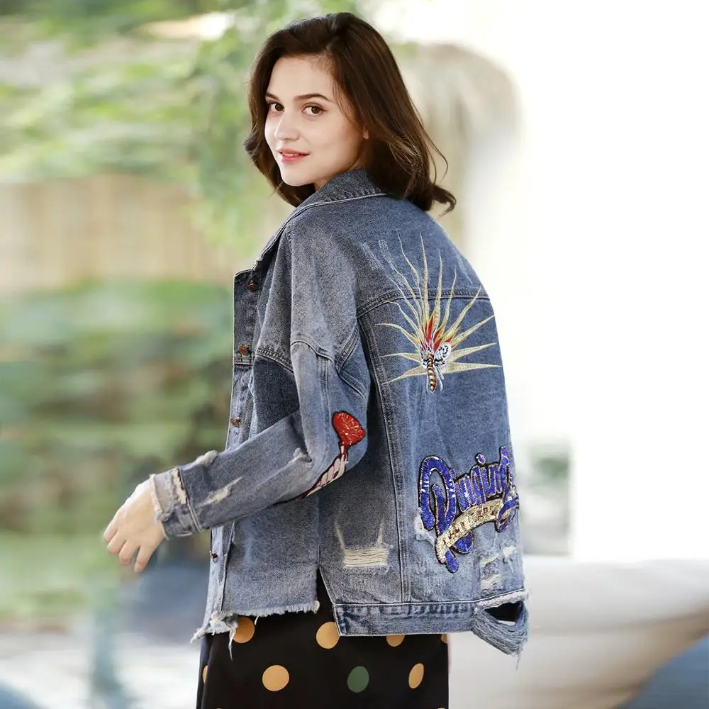 

Denim Cotton Women's Windbreaker Loose Jean Jacket Plus Size Embroidery Floral Frayed Holes Spring Autumn Woman Casual Coats