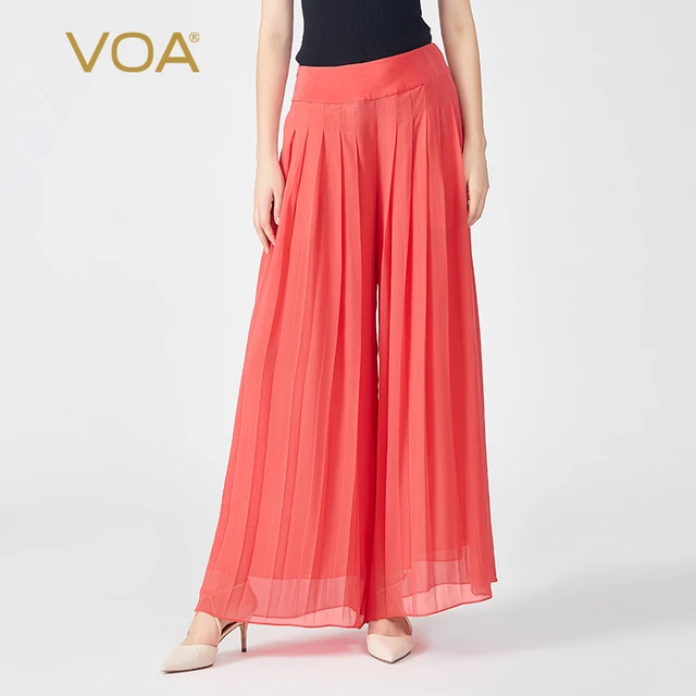 VOA Elegant Red Georgette Three-dimensional Folds Party Woman Wide Leg  Pants Autumn Culottes Office Ladies Loose Trousers KE589