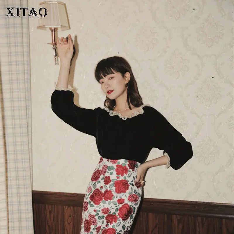 XITAO, кружевная блузка с открытыми плечами, модная, новинка, весенняя, элегантная, черная, маленькая, свежая, повседневная, длинный рукав, миноритарная рубашка DMY2216