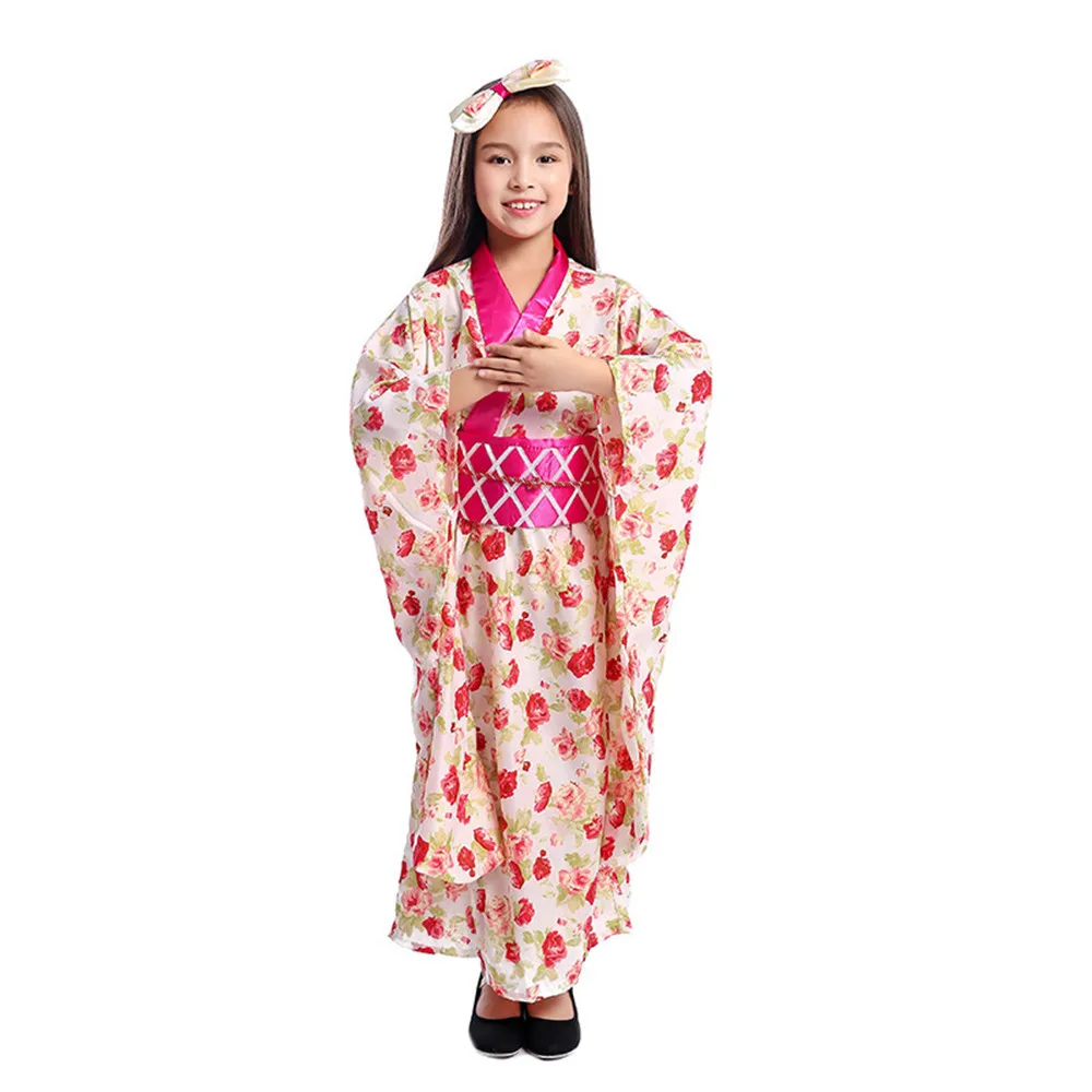 Японские традиционные шелковые кимоно с длинными рукавами для девочек; Детские праздничные костюмы для танцев; платье для девочек с цветочным рисунком