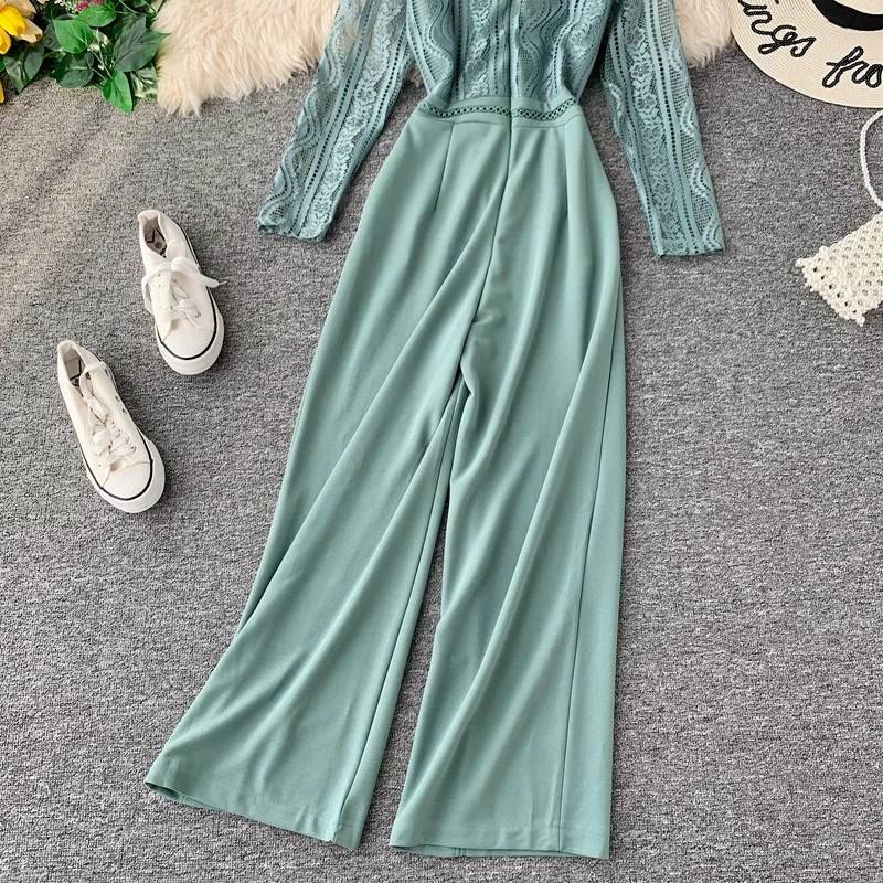 Autumn Fashion Sexy Lace Hollow Stitching Wide-legged High Waist Long Sleeve Jumpsuits Women Solid Color Elegant Overalls J897