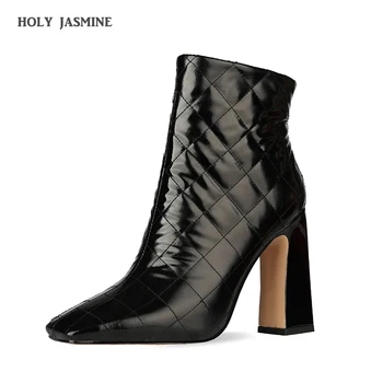 

HOT New Grid Pattern Ankle Boots Spring/Autumn Zip Women Boots Square ToeWomens Shoes Super High (8cm-up) Rubber Basic