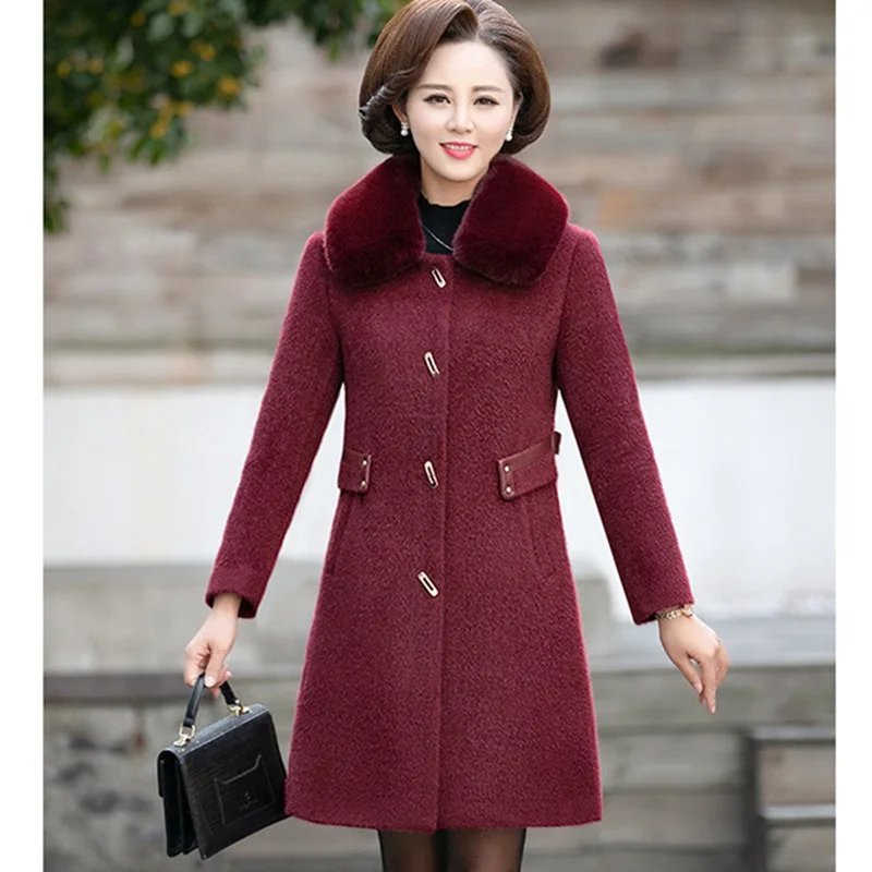 Jujube red UHYTGF, женские зимние пальто, 5XL размера плюс, куртки, качество, норка, кашемир, шерсть, пальто, женская мода, меховой воротник, Повседневная теплая куртка 664 - Цвет: Jujube red