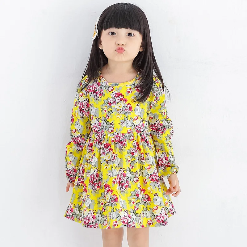 Платье для девочек 2, 3, 4, 5, 6, 7, 8 лет Детские платья с длинными рукавами и цветочным рисунком для девочек, милая детская одежда принцессы с круглым вырезом для малышей - Цвет: Yellow Flower