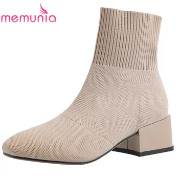 

MEMUNIA 2020 new arrive stretch boots solid colors slip on square heel dress party shoes ladies autumn winter ankle boots women