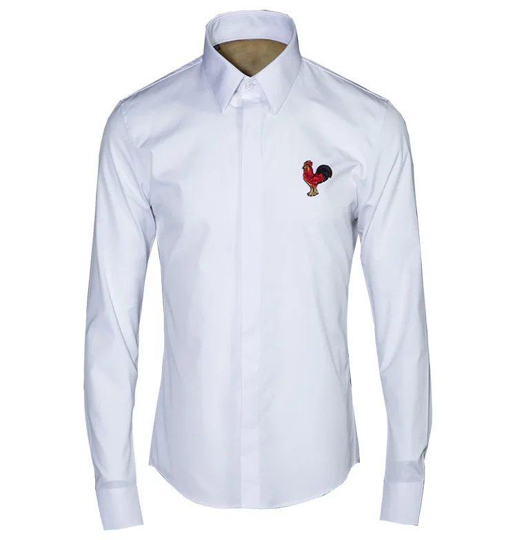 Men's Hipster Cock Embroidery Dress Shirts Camisa Masculina Luxury Brand Slim Fit Long Sleeve Black Shirt Men Tuxedo Shirts - Цвет: White