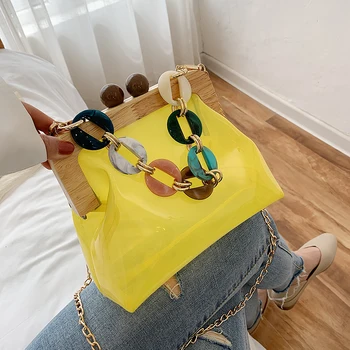 

Wood Beaded Clip Clear PVC Transparent Bag Designer Summer Beach HandBags For Women 2020 PU Leather Chain Shoulder Crossbody Bag