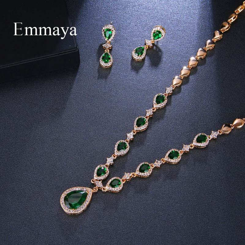 Emmaya New Arrival Rose Gold Green Waterdrop Appearance Zirconia Charming Costume Accessories Earrings And Necklace Jewelry Sets - Image 3