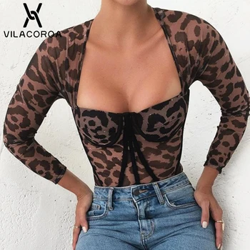 

Leopard Square-Collar Long Sleeve Women's Bodysuit Fish Bone Chest Cup Tee Shirt Tops Elasticity Skinny Female Streetwear Tshirt