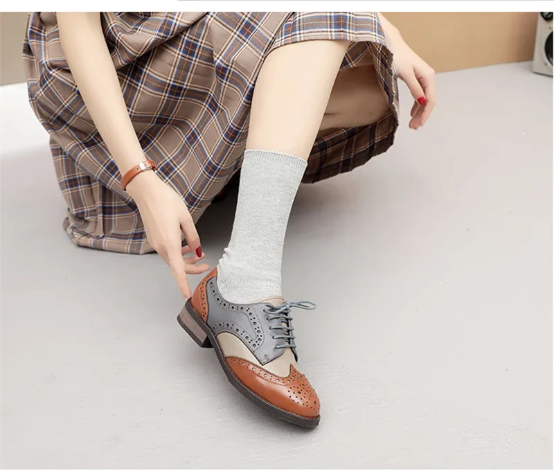 British Genuine Leather Female Oxford Shoes College Spring New Thick Heel 3cm Women Brogues Retro Carved Single Shoes Large Size (3)