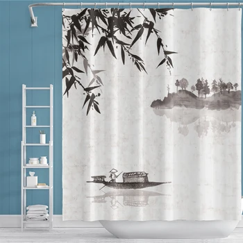 

Waterproof Polyester Fabric Chinese Style Shower Curtain Set Mountain Landscape Art Bath Chinese Shower Curtain With hooks