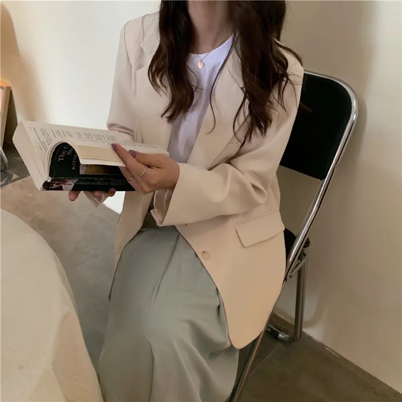 HziriP Stylish Women All Match White Brief Autumn Office Ladies Vintage Solid Fresh Elegant Parties Feminine Loose Blazers