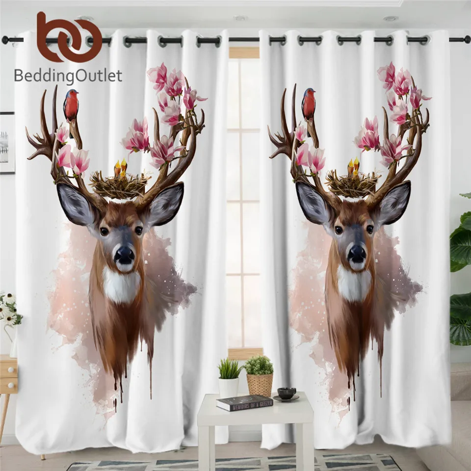 Beddingoutlet Elk And Bird Window Curtain Floral Deer Blackout Curtain