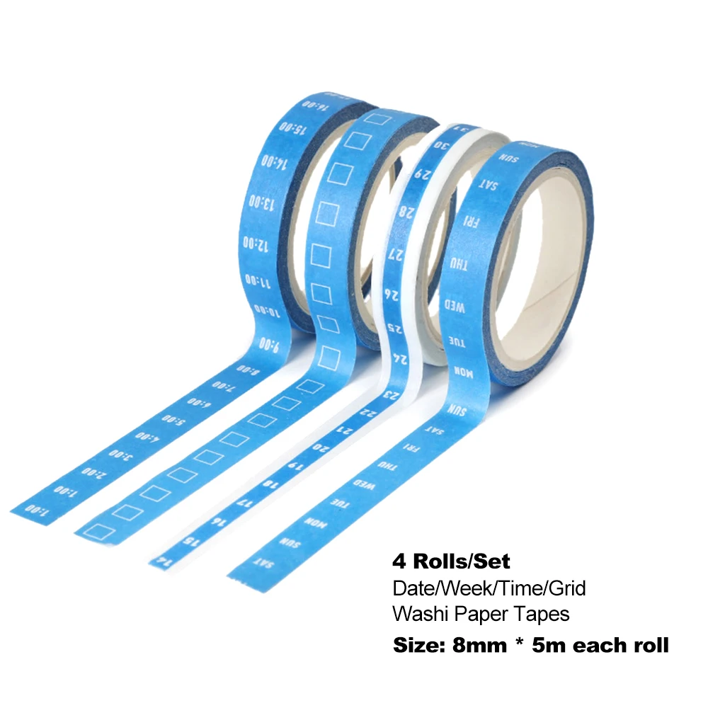 

4 Rolls/Set 8mm*5m Self Adhesive Tapes Date Week Time Grid Washi Paper Tapes Decorative Stationery Masking Tape Planner Sticker
