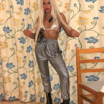 

2020 NEW Fashion Womens Pants Plaid Glitter High Waist Loose Long Pants Women Hip Hop Pants Casual Trousers Sweatpants