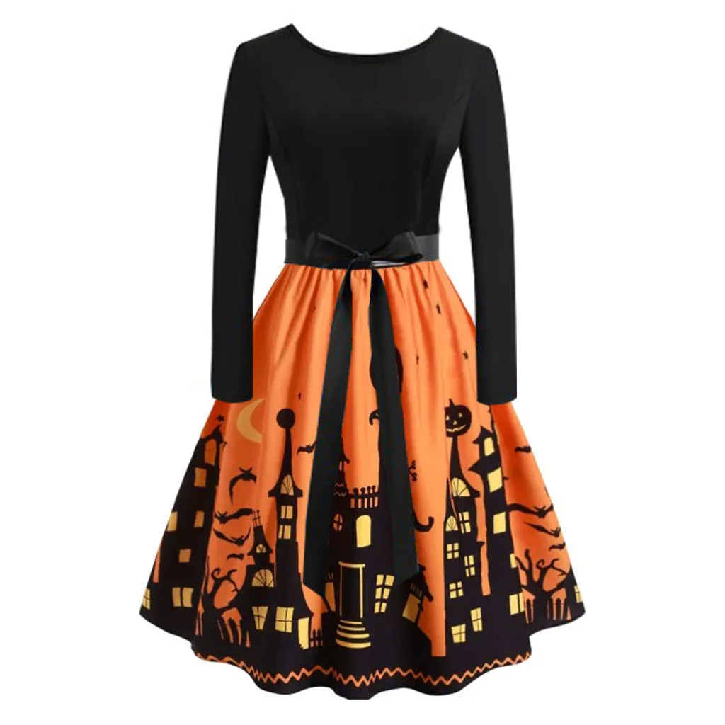 

Halloween Day Party Dresses Women Autumn Long Sleeve Round Neck High Waist Sundress Vintage Pinup Swing Elegant Vestidos Robes