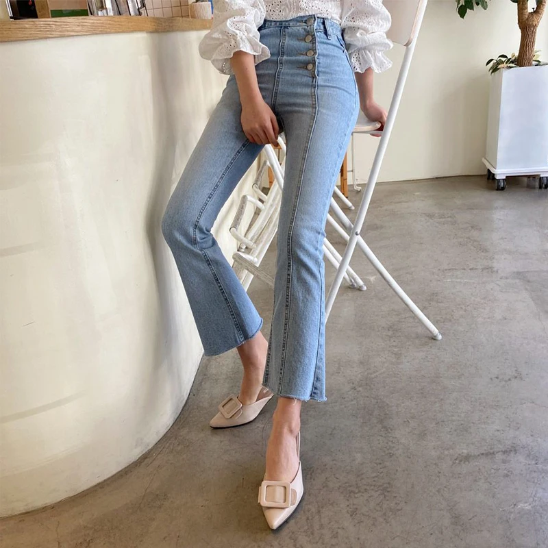 

Elastic Cotton Denim Korean Style New Jeans High Waist Women's Pants Casual Irregular Light Blue Color Pencil Pants 756A