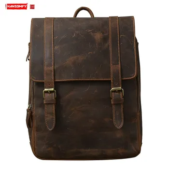 

New Crazy Horse Leather Men's Backpack Genuine Leather 15.6" laptop bag male schoolbag large capacity travel Backpacks vintage