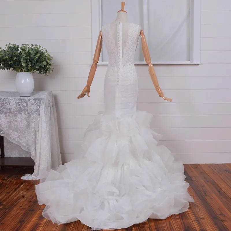 Бисероплетение органзы сексуальное Русалка свадебное платье vestido de novia оборками многоуровневые Кружева Аппликации пуговицы