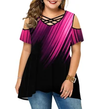 

Cross Strap Aurora Print Tops Summer Gradient Women Short Sleeve Female Tshirt O Neck Round Neck T-shirt 2021 Plus Size 2021 D30