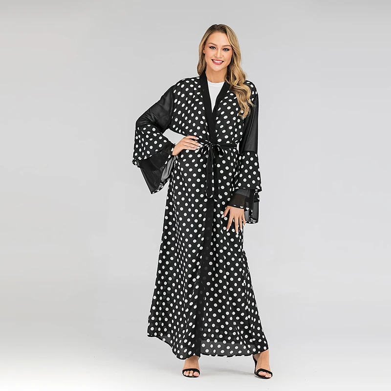 

Black Polka Dot Open Abaya Kimono Turkish Muslim Hijab Dress Abayas For Women Kaftan Dubai Oman Caftan Marocain Islamic Clothing