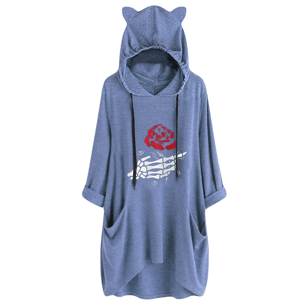 blue 1 Женский джемпер с капюшоном, женские спортивные костюмы, пуловер, топы, повседневные с капюшоном, с длинным рукавом, с принтом кошачьих ушек, с карманом, рубашка, несимметричный пуловер - Цвет: blue 1