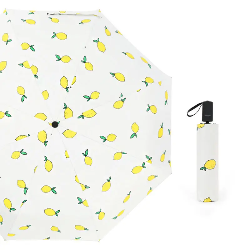 190T Pongee Fabric Funny Fruit Printed Three-folding Automatic Umbrella 8 Ribs Sunny and Rainy Umbrella for Unisex Fashion - Цвет: Manual lemon