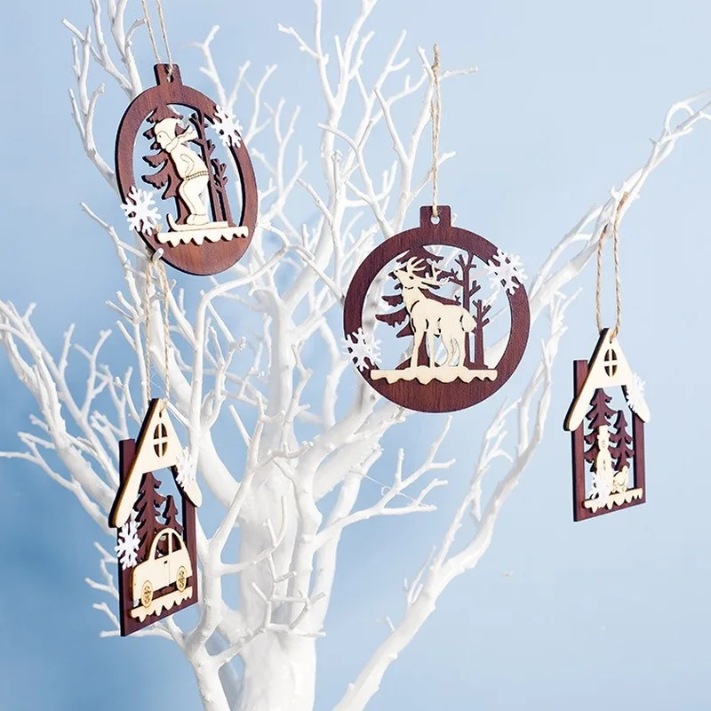 

Christmas Decorations Hollow Round Wooden Crafts Hanging Pendants Snowman Elk Car Ornaments Christmas Tree Decorations Pendants