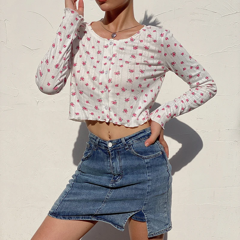 IAMSURE Small Flower Print Aesthetic Long Sleeve Blouse For Women Kpop Streetwear Casual Outfits Female Cute Crop Tops Shirts