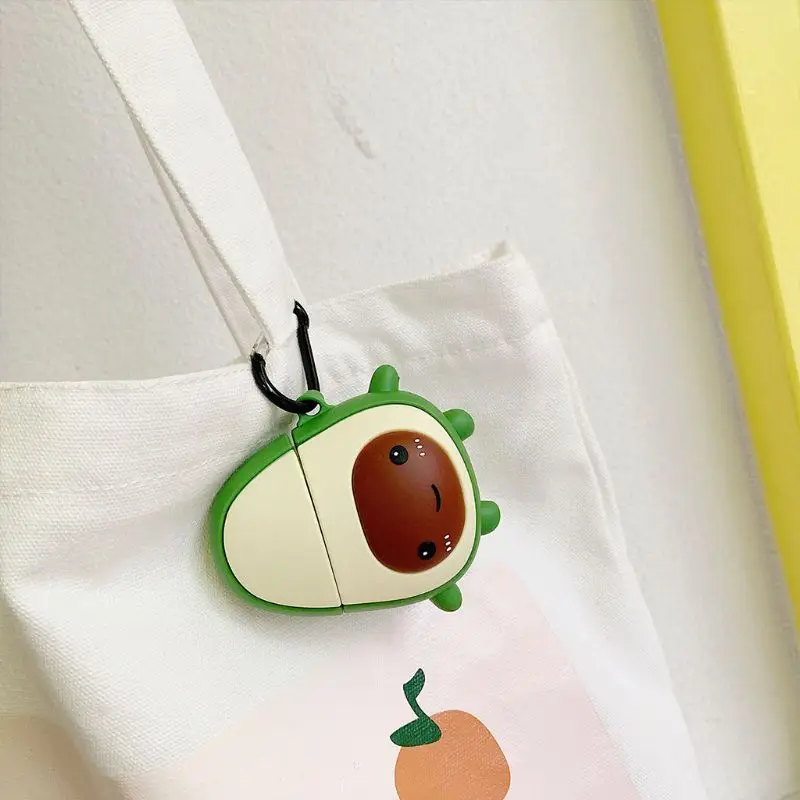 

Cute Avocado Pattern Soft Silicone Protective Cover Shockproof Case Skin with Carabiner for Airpods 1/2 Charging Box WXTA