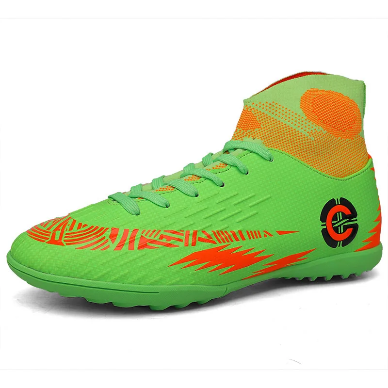 Домашние Дышащие футбольные бутсы мужские футбольные ботинки высокие тренировочные бутсы до лодыжки кроссовки для мальчиков детские сверхтонкие футбольные ботинки для бега - Цвет: green