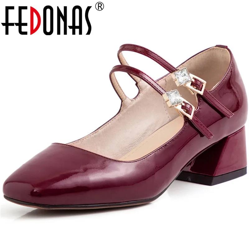 

FEDONAS Rhinestone Buckle Strap Shallow Women Spring Summer Casual Wedding Pumps Genuine Leather Square High Heeled Shoes Woman