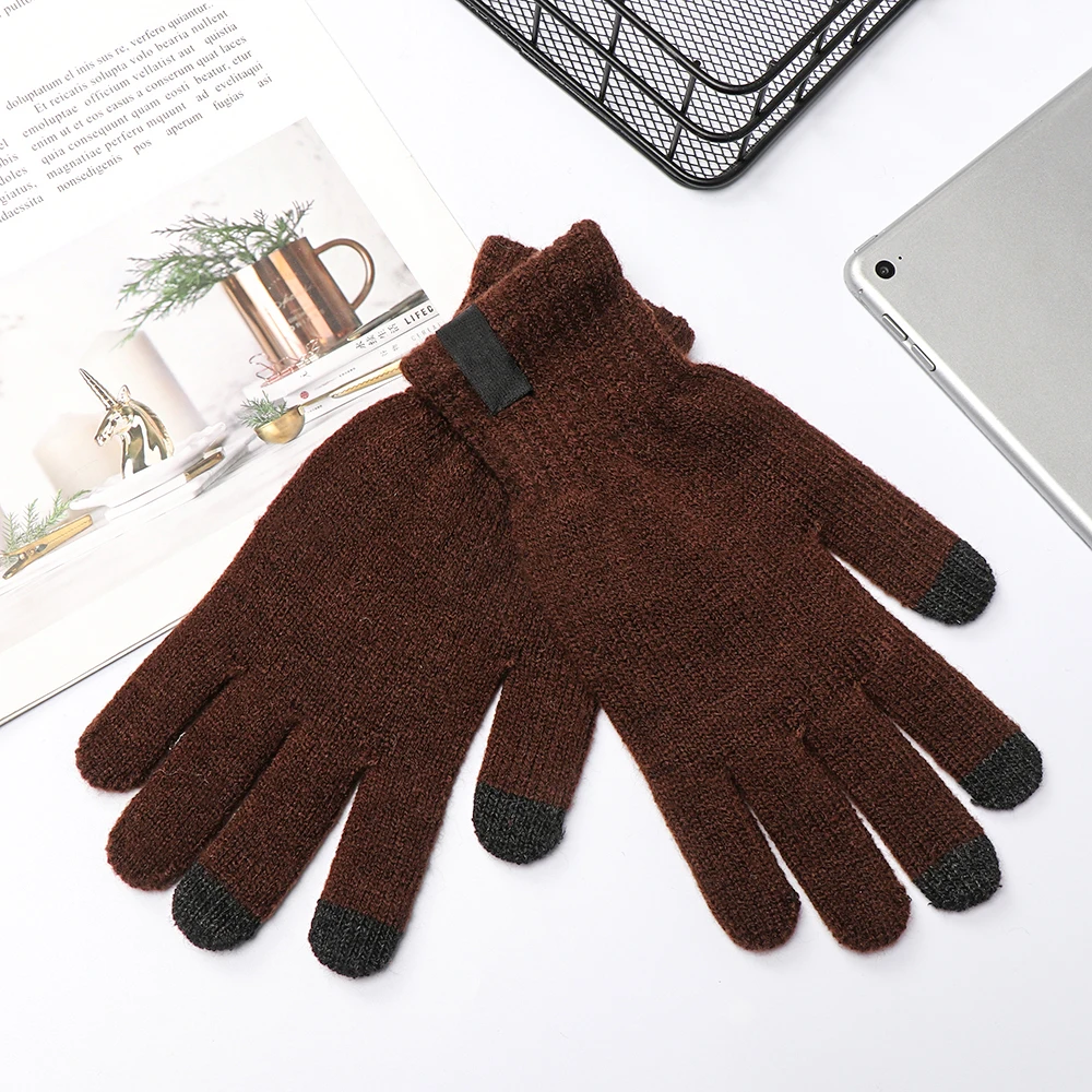 Fashion Winter Knitted Wool Touch Screen Gloves Men Warm Short Plush Lining Full Finger Outdoor Sport Cycling Gloves Mittens