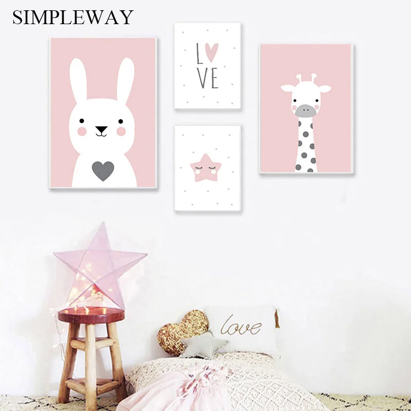 

Baby Nursery Wall Art Canvas Print Poster Pink Cartoon Animal Giraffe Bunny Painting Nordic Kid Girl Bedroom Decoration Picture