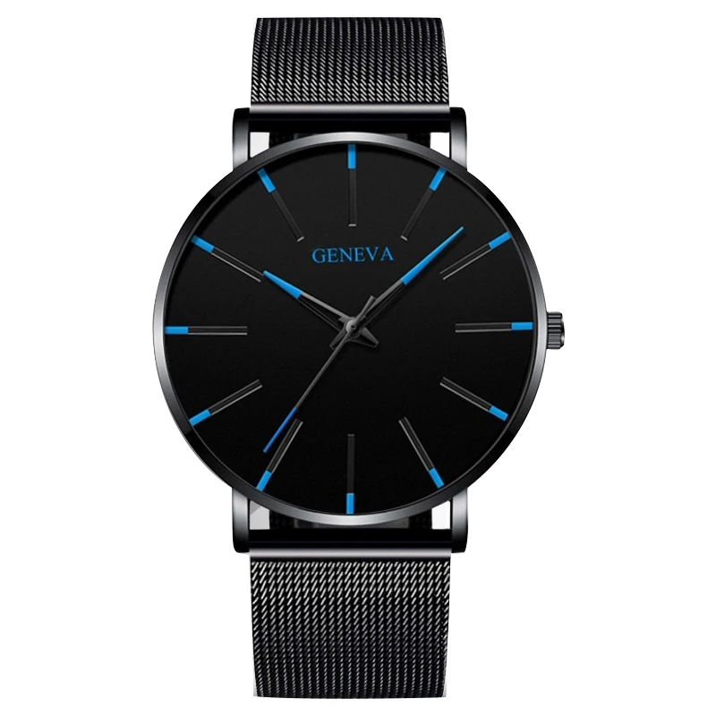 Black blue Новые деловые мужские часы, черные, кварцевые, сплав, сетка, ремешок, ультра тонкие, универсальные, мужские, повседневные, спортивные, наручные часы, Relojes Para Hombre - Цвет: Black blue