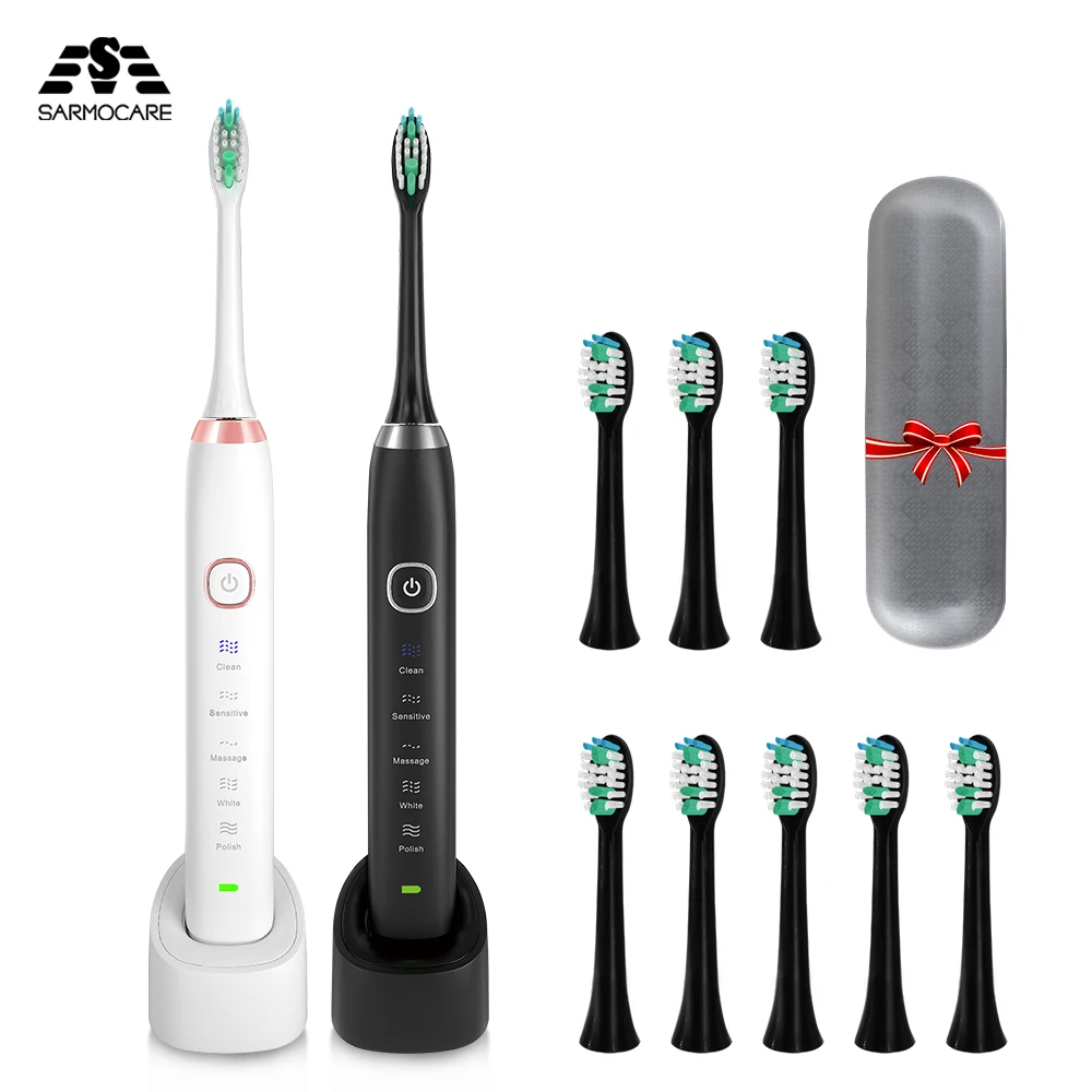 Sarmocare-cepillo de dientes eléctrico sónico, cepillo de dientes Ultra sónico con cepillos faciales y Estuche De Viaje, 4 cabezales, inalámbrico, s100