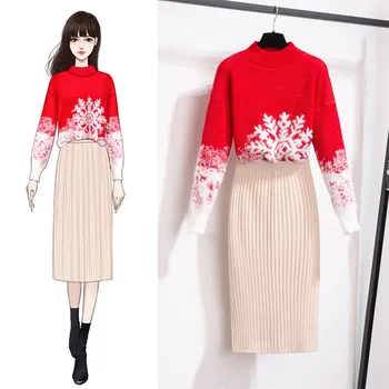 

Korean Autumn Women‘s Knitted Christmas Sweater 2 Piece Set Red Pullovers Tops Elastic Waist Split Skirt Two Piece Set Knit Suit