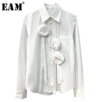 

[EAM] Women White Three-dimensional Flower Stitch Blouse New Lapel Long Sleeve Loose Fit Shirt Fashion Spring Autumn 2020 1T334