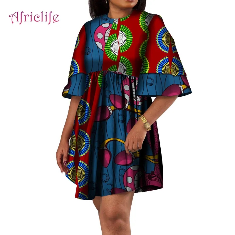 

WY4978 Summer Pleated Mini Skirt African Print Fabrics Patchwork Beautiful Flare Sleeve African Clothes for Women