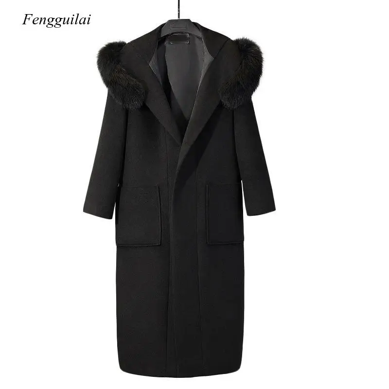 

Women Autumn Winter Outerwear Wool Blend Thicken Warm Long Coat Lady Slim Woolen Overcoat Cashmere Jacket with Fur Collar
