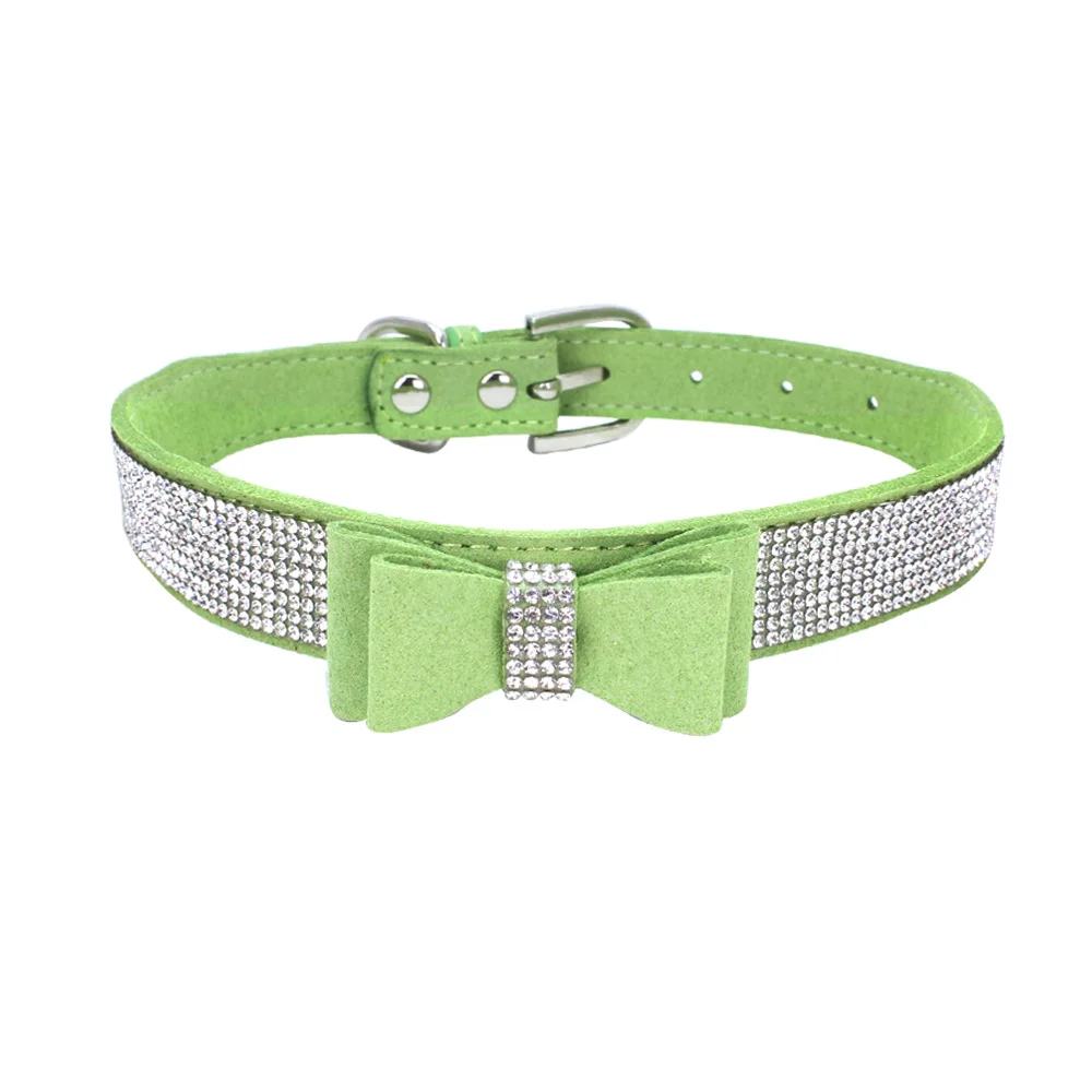 Bling Rhinestone Pet Collars Adjustable PU Leather Double-layer Microfiber Bowknot Cat Dog Collars For Small Medium Dogs Cats - Цвет: Green