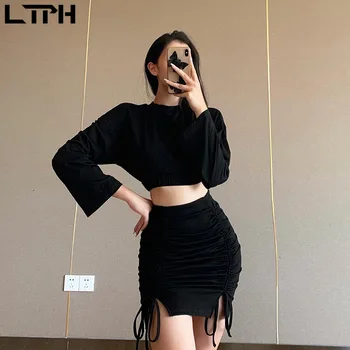 

2020 Autumn new arrival Korean two piece set women Solid color O-Neck Full sleeve Short tops side drawstring Bag hip skirt suit