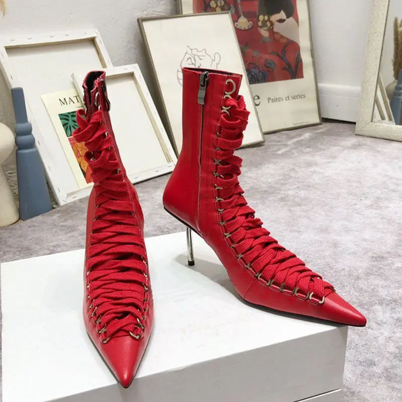 

Fashion Cross-tied High-Heeled Sandals Sexy Hollow Out Pointed Toe Ladies High Heels Novelty Cozy Metal Decoration Women Shoes