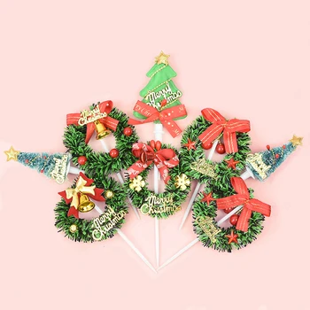 

5Pcs/lot Christmas Cake Topper Wreath Garland Merry Christmas Tree Shape Cake Topper For Christmas Party Cake Decoration Navidad