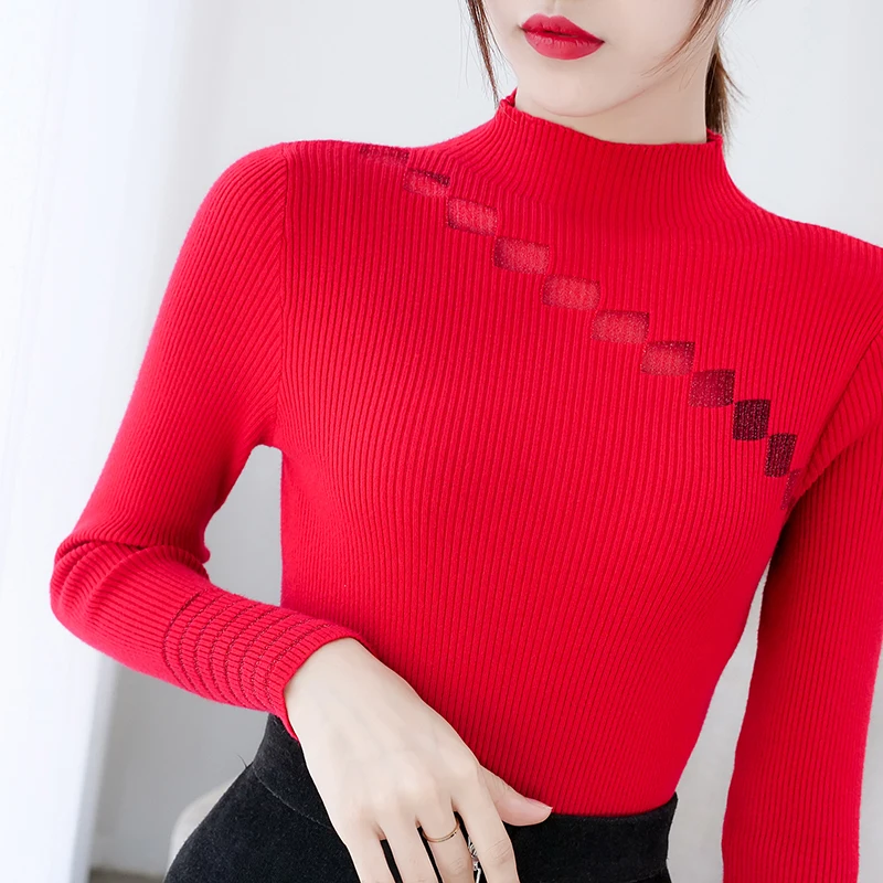 

2019 New-Coming Turtleneck Pullovers Autumn Winter Sweaters Primer Slim Mesh Long Sleeve Short Korean Slim-Fit Tight Sweater